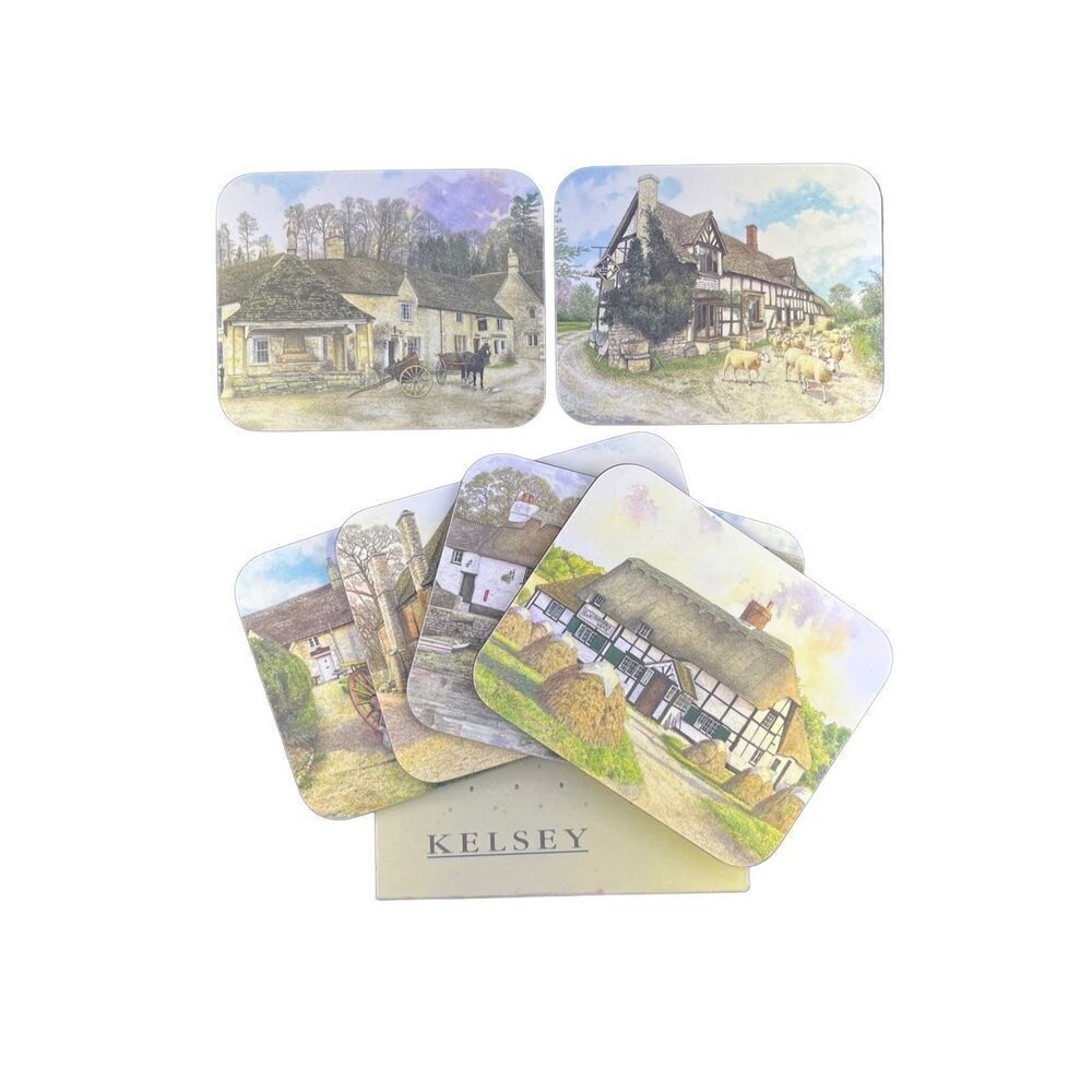 Vintage Kelsey Country Pubs English village scene soft backed coasters set of 6